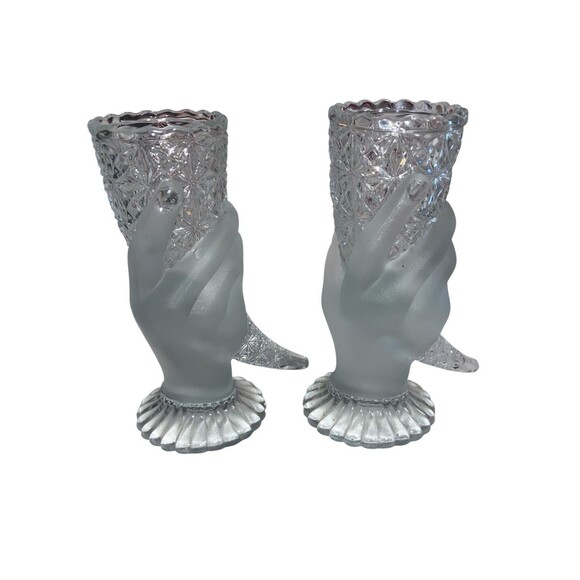 Vintage Duncan & Son Clear Glass Horn Of Plenty Cornucopia Hand Vases - 2 - Picture 1 of 4